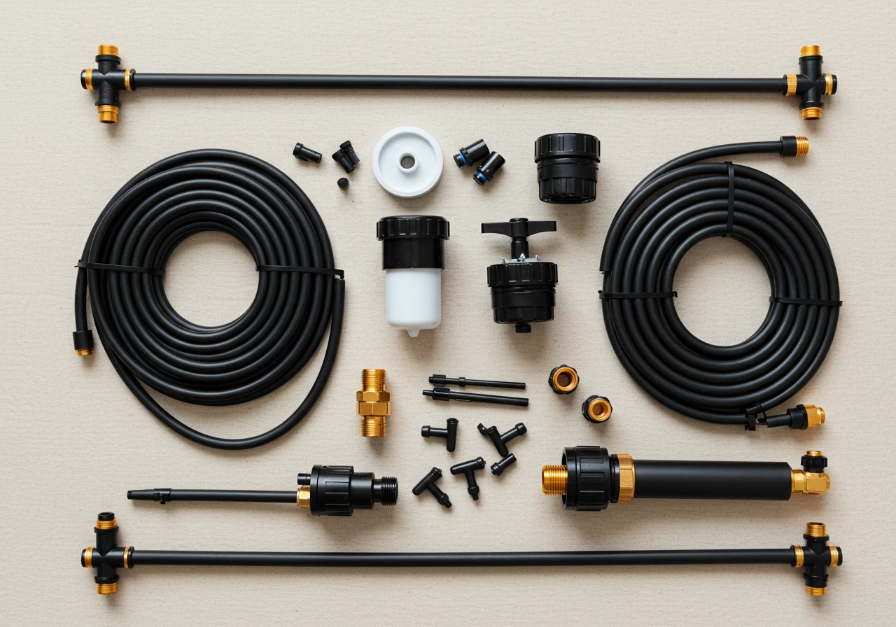 A clean, organized flat lay composition of essential drip irrigation components arranged on a neutral, slightly textured background (like light wood or stone). Include: a coil of black 1/2 inch mainline tubing, a smaller coil of 1/4 inch distribution tubing, a Y-splitter for a faucet, a backflow preventer valve, a mesh screen filter, a pressure regulator, various types of emitters (button drippers, adjustable micro-sprayers), and an assortment of fittings (tees, elbows, connectors, end caps). Components should look new and clearly identifiable.