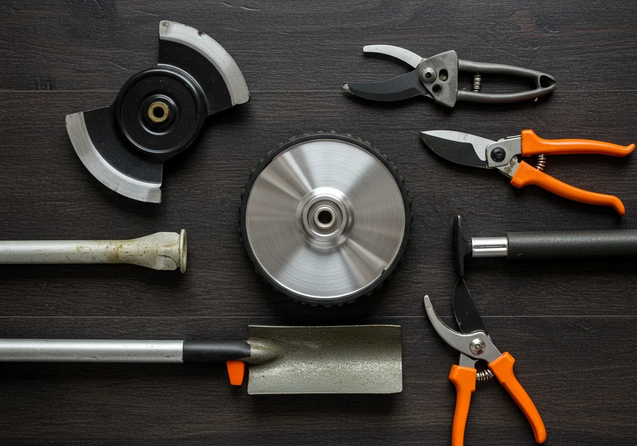 A visually appealing flat lay composition of essential, well-maintained garden tools on a clean wooden surface or healthy green grass patch. Includes a clean lawnmower blade, a string trimmer head with fresh line, sharp bypass pruners (closed), and the clean metal head of a shovel. All tools look clean, sharp, and ready for use.
