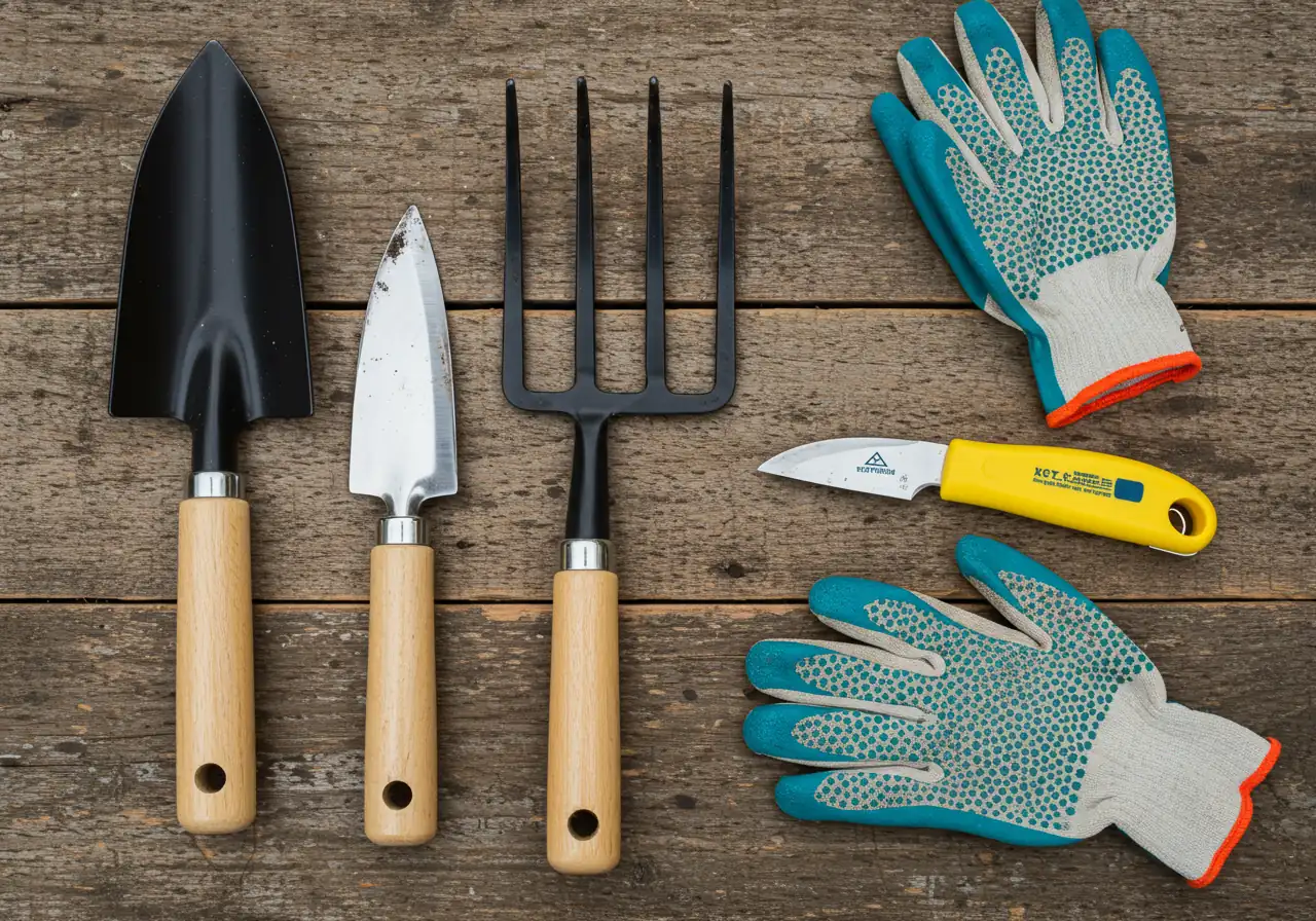 A flat-lay arrangement of the essential tools for dividing hostas, placed neatly on a rustic wooden board or piece of burlap. Include a sharp spade, a garden fork, a sturdy serrated knife or hori-hori, and a pair of gardening gloves. The tools should look clean but used, implying readiness for garden work.