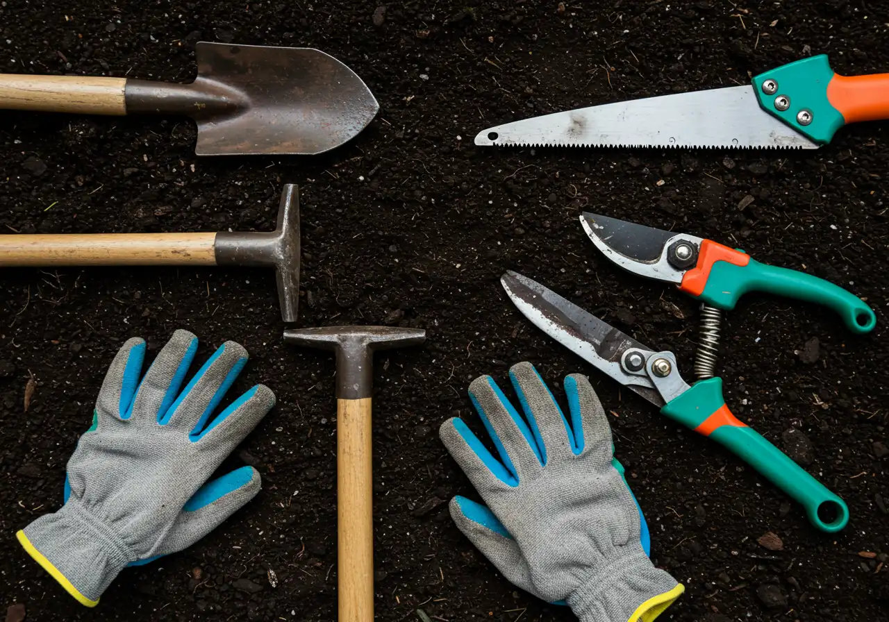 An overhead or slightly angled flat-lay photograph showing essential plant removal tools arranged neatly on a patch of dark, rich garden soil. Visible tools include a clean but slightly used pointed shovel head, sturdy metal loppers with wooden or rubber handles, a small pruning saw, and a pair of durable gardening gloves. The focus is sharp on the tools, showcasing their textures and readiness for work.