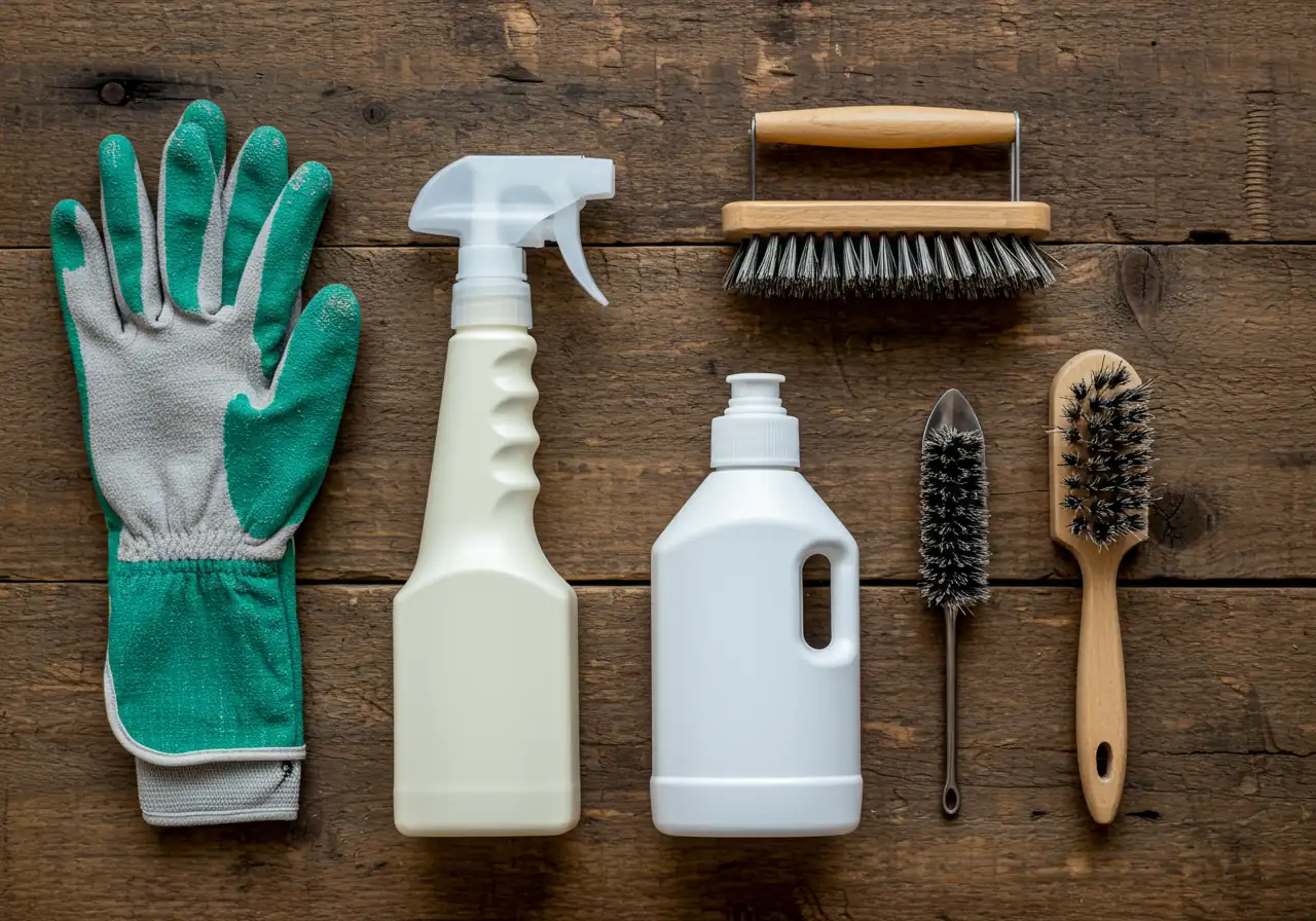 A clean, organized flat lay arrangement of common garden tool sterilizing supplies on a rustic wooden workbench. Include a clearly visible (but unlabeled) spray bottle of rubbing alcohol, a bottle of household bleach (unlabeled), a pair of sturdy gardening gloves, and a stiff cleaning brush.