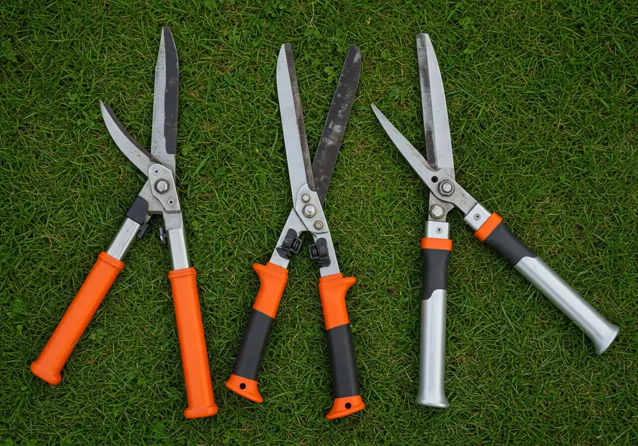 An aesthetically pleasing flat-lay composition of three distinct types of ergonomic loppers (e.g., one geared bypass, one compound action, one lightweight aluminum) arranged neatly on a backdrop of healthy green lawn or clean mulch. The loppers should be clean and appear high-quality, showcasing their different designs without labels.