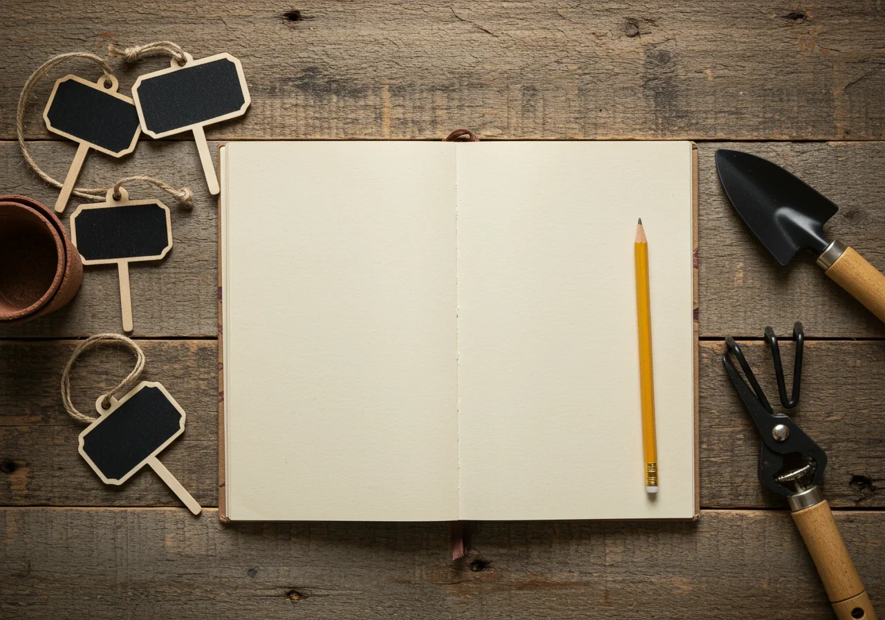 An aesthetically pleasing flat lay composition on a weathered wooden garden table. Include items like a sturdy, open notebook with blank or lined pages (no readable text), a simple pencil, several blank wooden plant tags, a small, clean hand trowel, and perhaps a terracotta pot edge visible. The arrangement should look natural and inviting, representing low-tech tracking tools.