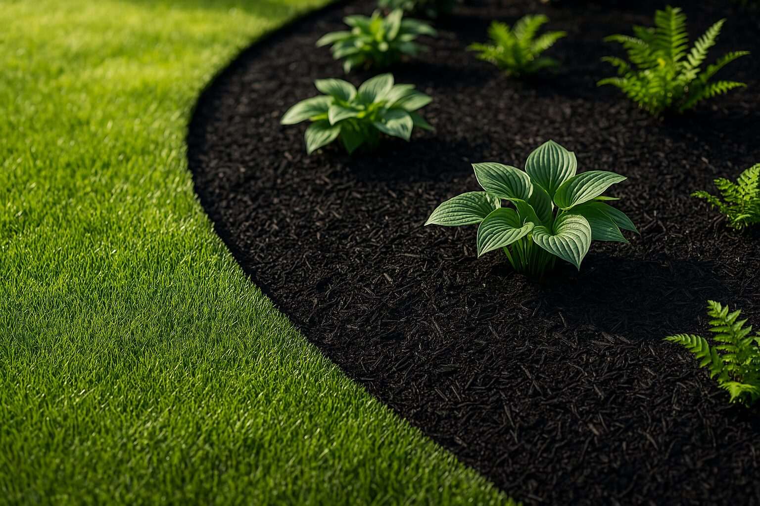 Front garden bed with fresh dark mulch and a sharply defined edge