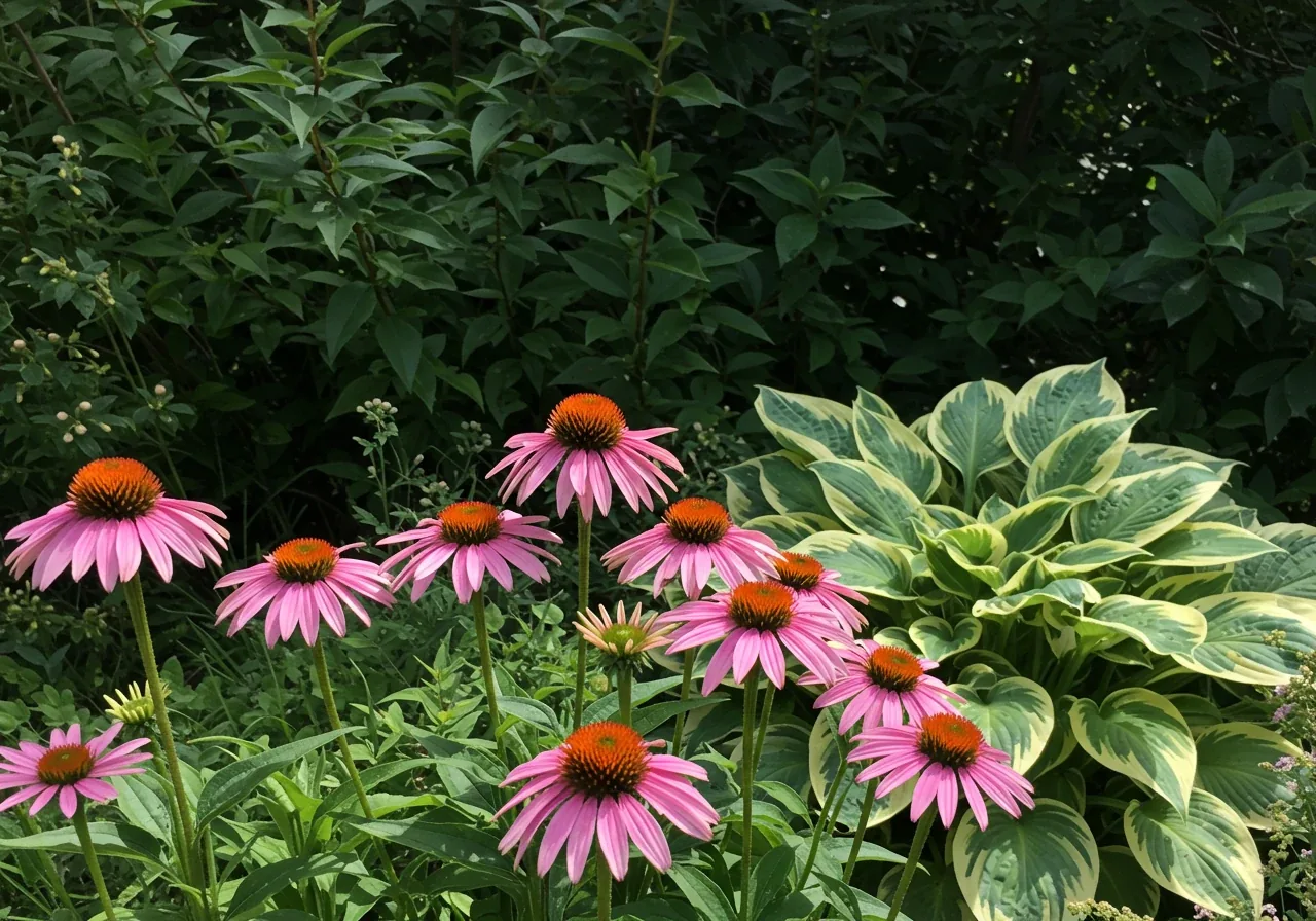 A visually appealing comparison within a single garden bed or adjacent beds, showcasing appropriate plant choices for sun and shade. Foreground shows vibrant, sun-loving Coneflowers (Echinacea) in full bloom under bright sunlight. Background or adjacent area shows shade-tolerant Hostas with rich green and variegated leaves thriving under the dappled light of unseen foliage.