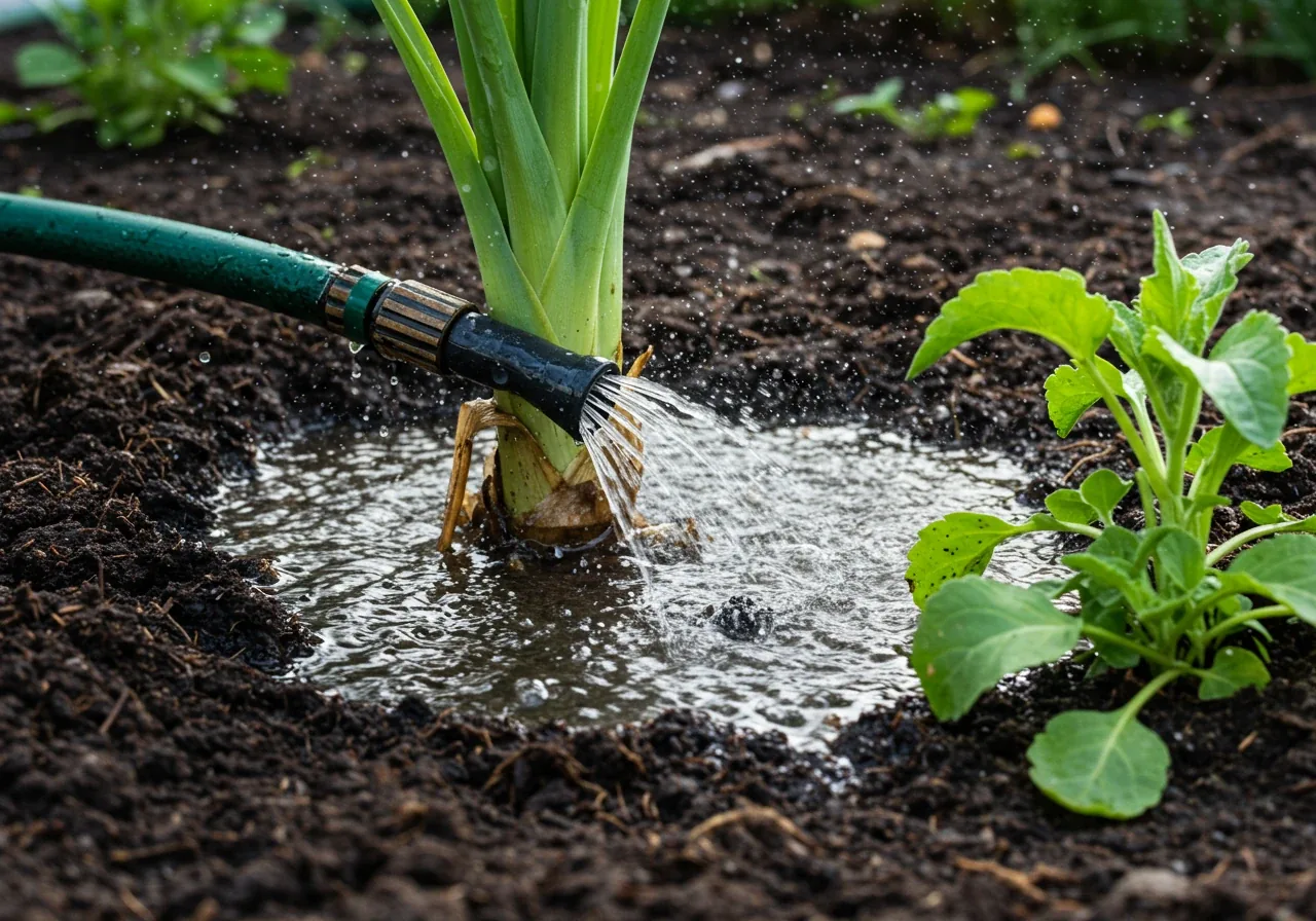 An image focused on the process of leaching fertilizer salts from garden soil. It should show water from a hose (nozzle visible, but no hand) deeply soaking into dark garden soil around the base of slightly stressed-looking plants (perhaps subtly wilted). The emphasis is on the water penetrating the soil, illustrating the 'flushing' technique.
