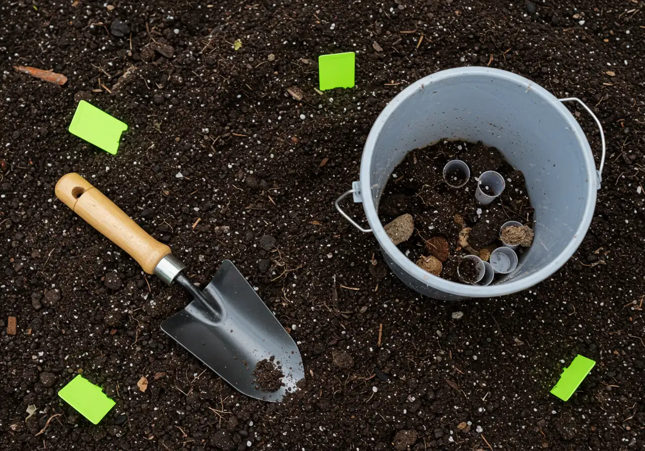 Tools for soil sampling: clean trowel, plastic bucket, marker flags on garden soil.