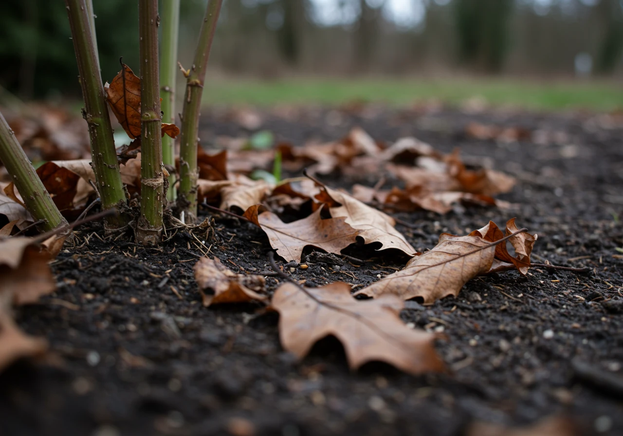 A ground-level close-up view showing a layer of decaying brown autumn leaves partially covering dark, damp soil near the base of dormant perennial stems. The image highlights the texture and layering of the leaf litter, suggesting a potential hiding place for overwintering pests. No insects are explicitly visible, focusing instead on the habitat.