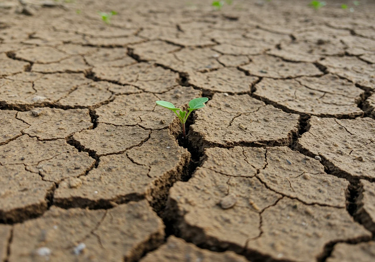 A ground-level close-up shot illustrating difficult soil conditions: dry, cracked, heavy clay soil with poor texture. A single, small, struggling plant seedling might be visible, emphasizing the challenge the soil presents.