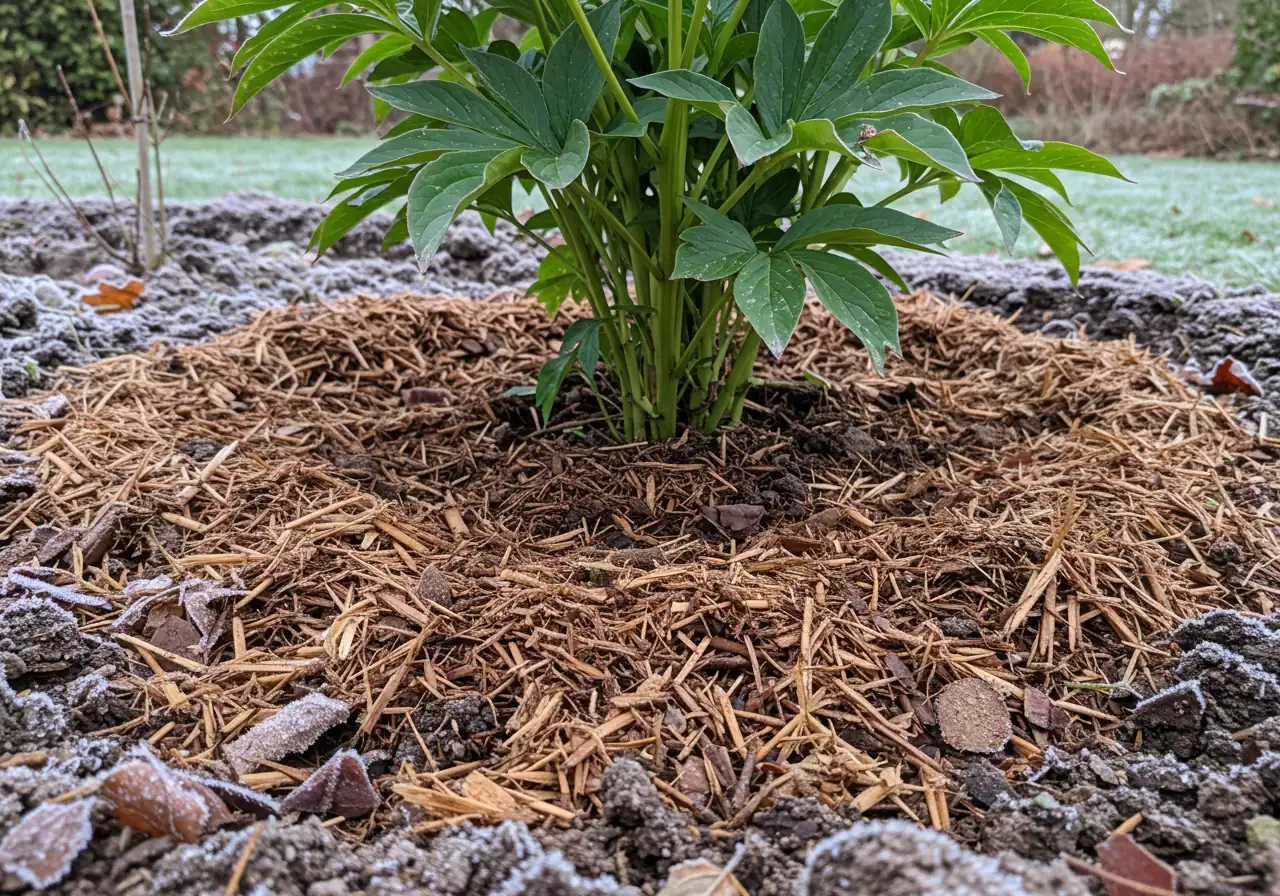 Illustrates proper winter mulching technique. Shows the base of a planted peony area (perhaps marked by cut stems or a small label stick) covered with a thick, airy layer of shredded leaf mulch after the ground has started to freeze, conveying protection against freeze-thaw cycles.