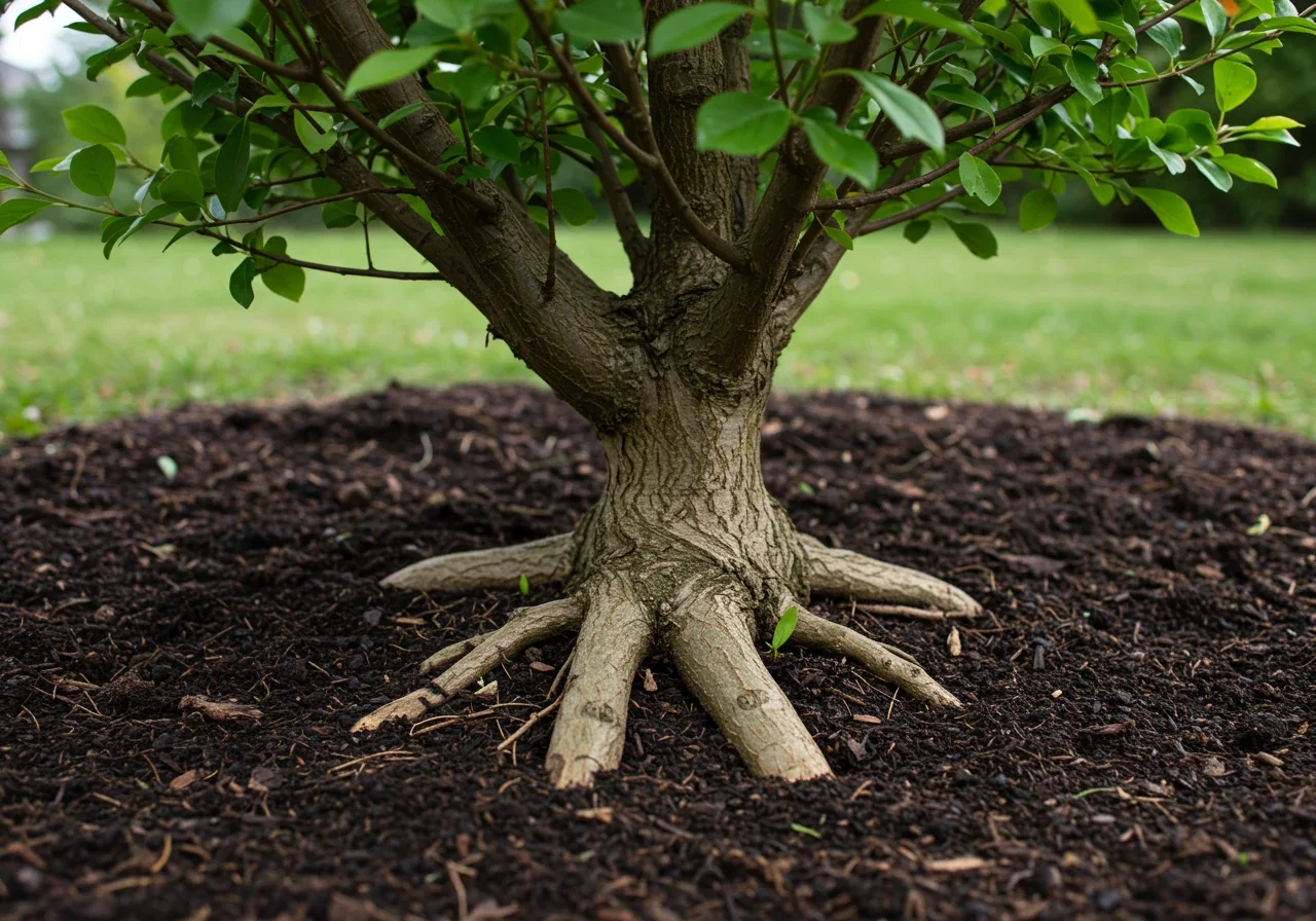 A visual illustrating the concept of deep root systems. Could show the base of a large, healthy established shrub or small tree firmly planted in rich, dark soil, with the focus on the stable base and surrounding healthy soil/mulch, hinting at the extensive unseen root network below. Avoid showing actual roots underground.