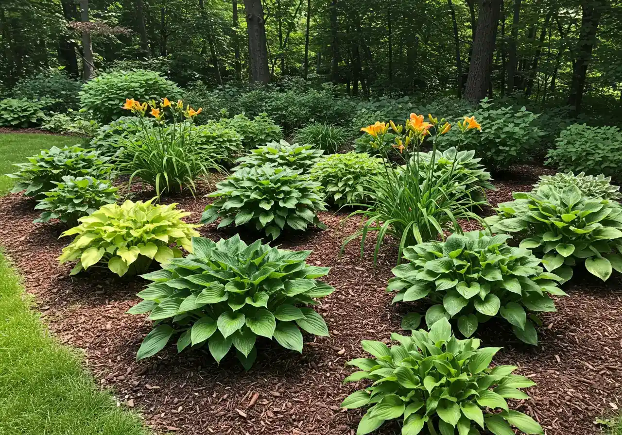 A clear, vibrant photograph showcasing several healthy perennial plants (like hostas or daylilies) in a garden bed. The plants are distinctly separated, with visible space and mulch between them, allowing sunlight to reach lower leaves and demonstrating good airflow potential. The foliage looks lush and free of disease.