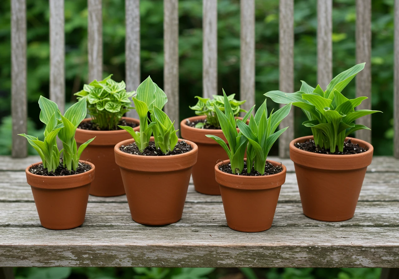 An appealing image depicting the 'sharing' concept. Several small, simple pots (terracotta, biodegradable, or recycled containers) containing healthy-looking perennial divisions (like small hostas, daylily fans, or iris rhizomes with shoots) arranged invitingly on a rustic wooden surface or near a garden path, ready to be taken.