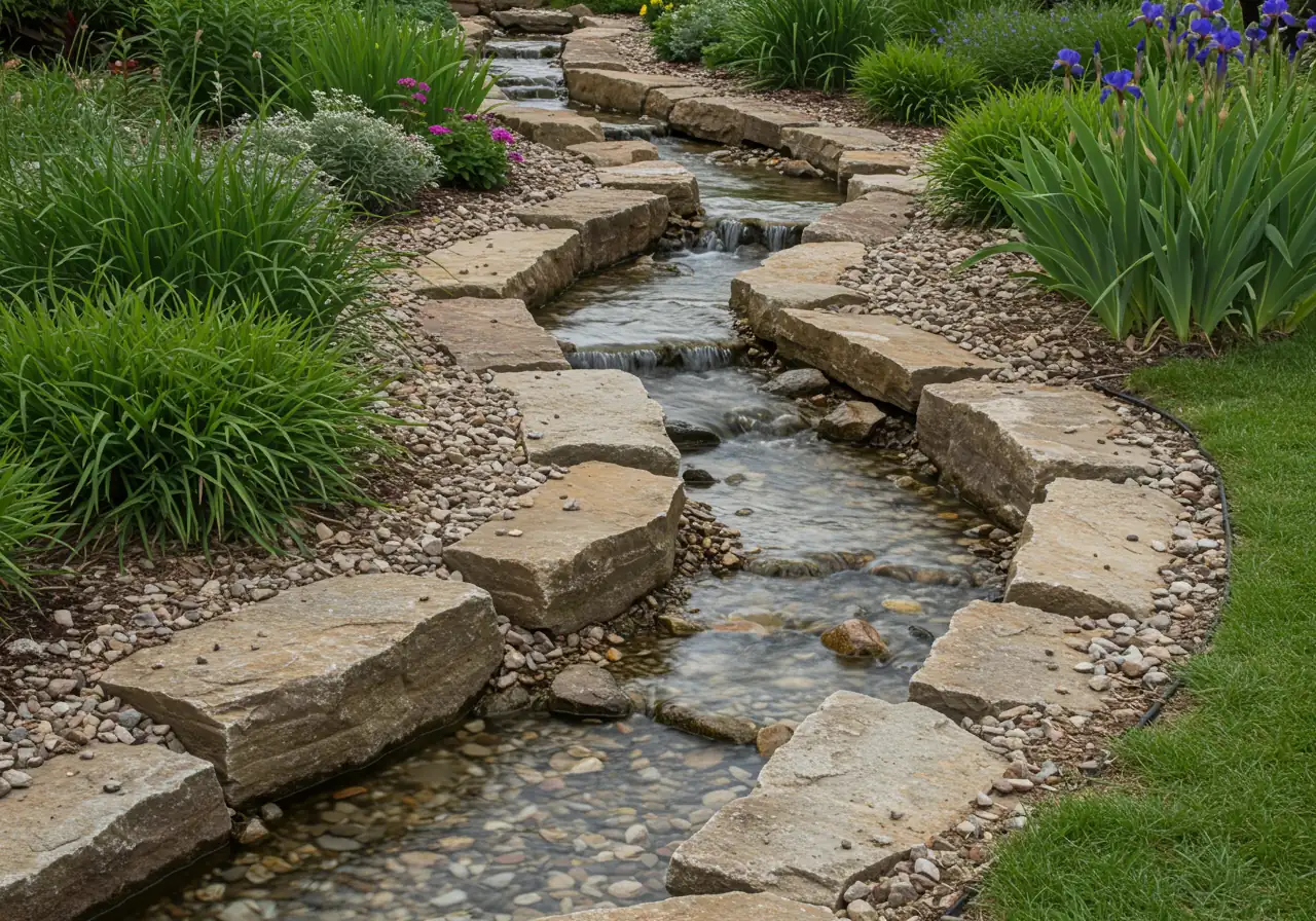 An image showcasing the 'Rustic Osgoode Charm' style. It should depict a stream with natural, irregular curves, using larger, weathered fieldstones and perhaps some smaller pebbles. Native, moisture-loving plants like ornamental grasses or irises should line the edges, blending seamlessly into the surrounding garden. The overall feel should be naturalistic and relaxed.