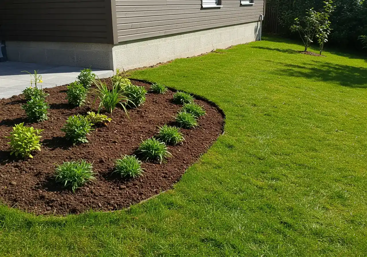 Illustrates the concept of positive grading. Shows a neatly landscaped area beside a house foundation where the soil and lawn clearly slope gently away from the building. The foundation is clean and dry, contrasting with the previous image. Could include some foundation plantings set back appropriately.