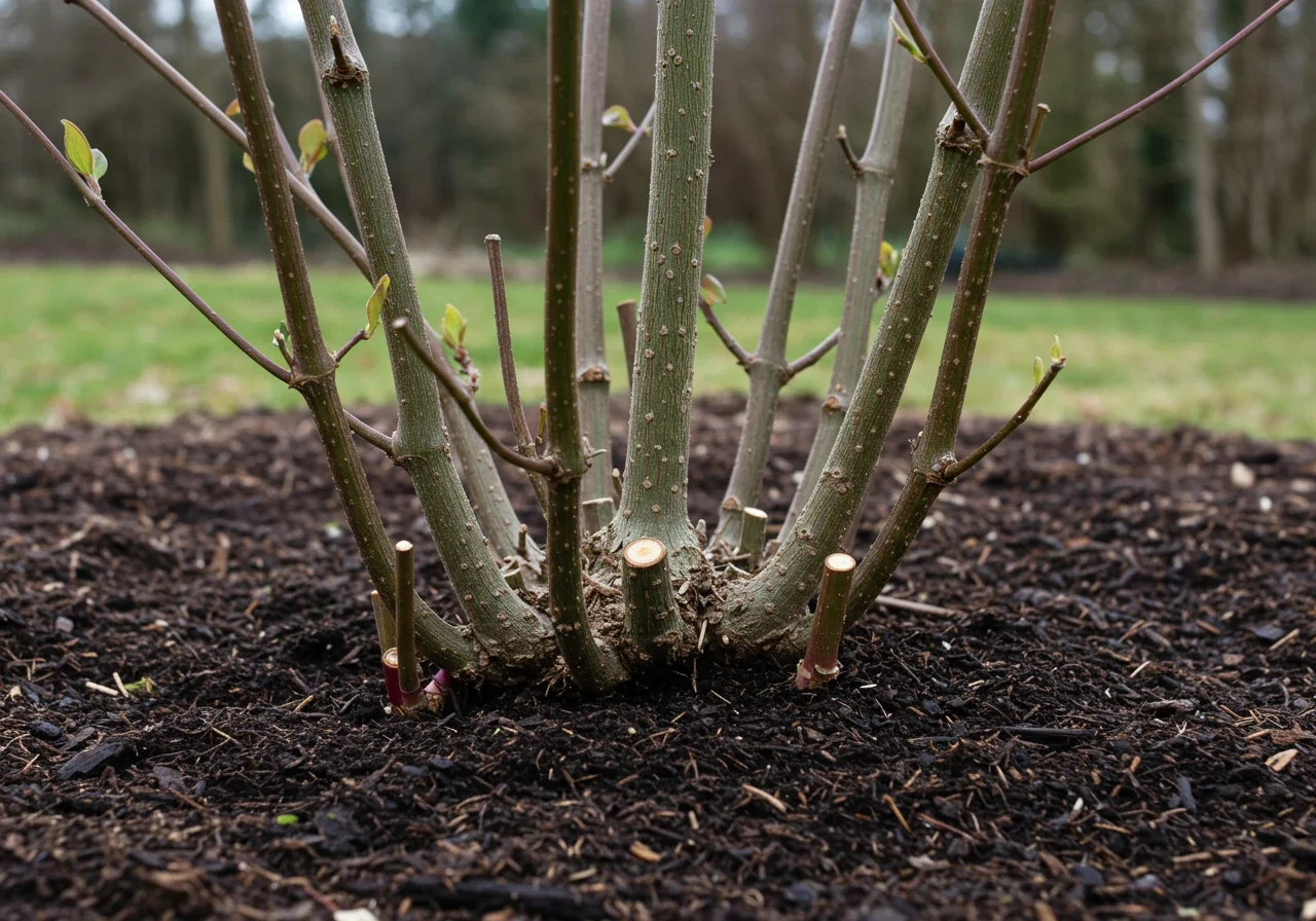 An image showing the base of a Group 3 Clematis plant immediately after the recommended hard pruning. This visualizes the 'chop and drop' technique, showing the cut stems reduced to about 12 inches, ready for new growth.
