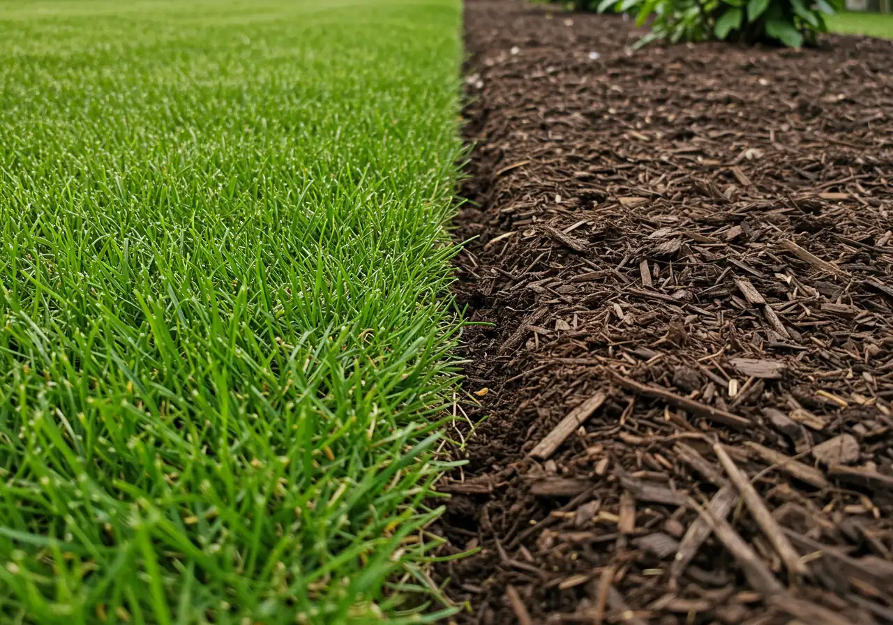 A visually appealing low-angle shot showcasing a perfectly crisp, clean edge between a healthy green lawn and a dark brown mulched garden bed. The edge should look sharp and professionally done, highlighting the result of effective edging.