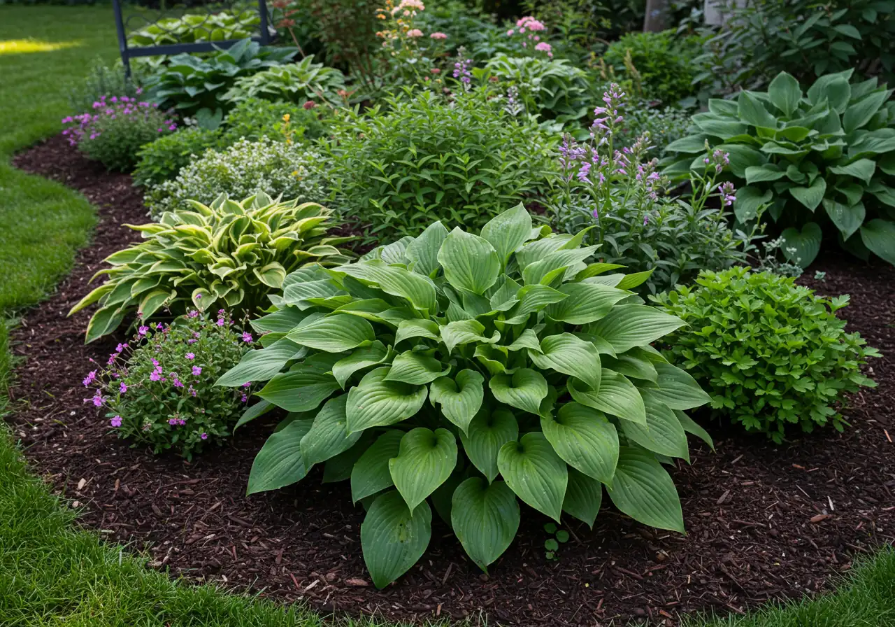 Lush garden bed with healthy plants in dark, mulched soil.