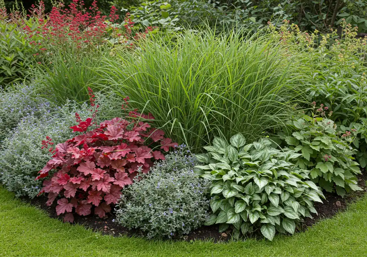 A vibrant, appealing photograph of a well-designed garden bed showcasing several non-aggressive, clump-forming perennial alternatives mentioned in the text. For example, it could feature a mix of colourful Coral Bells (Heuchera), upright Feather Reed Grass ('Karl Foerster'), and perhaps some textured Brunnera or Hostas, growing happily side-by-side, looking lush and healthy without encroaching on each other excessively.