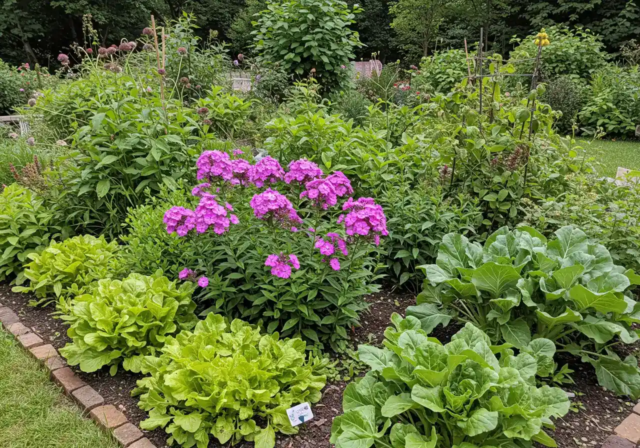 A vibrant, eye-level shot of a thriving mixed garden bed representing the positive result of good sanitation. Include healthy-looking flowering perennials (like phlox or bee balm, but showing no disease) and perhaps some robust vegetable plants (like leafy greens or tomato plants with healthy foliage). The plants should look lush, well-spaced, and free of visible pests or disease symptoms, under bright, natural sunlight.