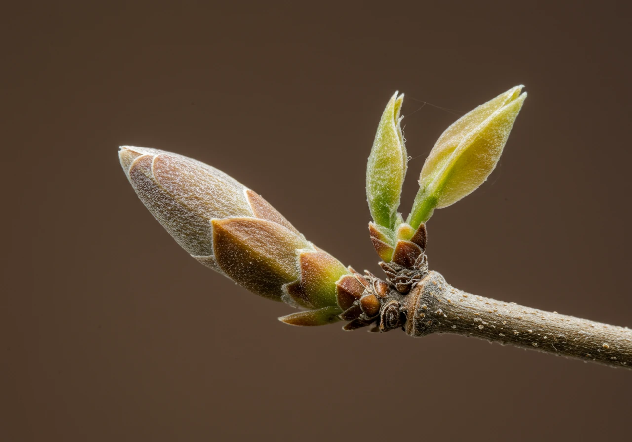 A detailed close-up macro photograph clearly distinguishing between the two types of buds on a dormant Wisteria branch in late winter. One plump, rounded, slightly fuzzy flower bud should be contrasted next to a smaller, pointier, flatter leaf bud on the same woody stem. This visual aids identification for proper pruning.