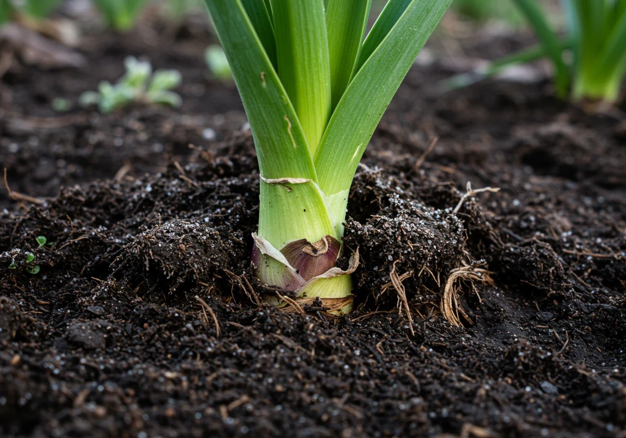 A detailed macro photograph focusing on the base of a small perennial plant (like a hosta crown or a small ornamental grass clump) in early spring. The image should clearly show the plant crown and some upper roots slightly lifted or pushed out of the surrounding dark, moist clay soil, illustrating the effects of frost heave. Surrounding soil should look disturbed near the base of the plant. Focus on the plant being slightly unseated from the ground.