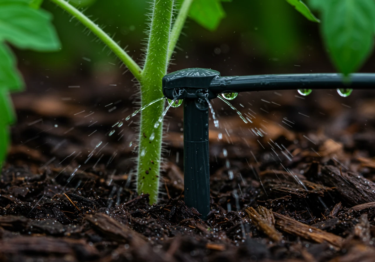 Close-up shot of water droplets from a drip irrigation emitter moistening the dark soil and mulch directly around the base of a healthy vegetable plant (e.g., tomato or pepper), illustrating precise, water-saving irrigation.