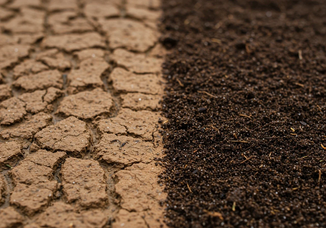 A close-up, detailed photograph showing the distinct texture contrast between heavy, sticky, wet clay soil clinging to a garden spade stuck upright in the ground, and a pile of loose, dark, crumbly amended loam soil next to it. Focus on the texture difference.