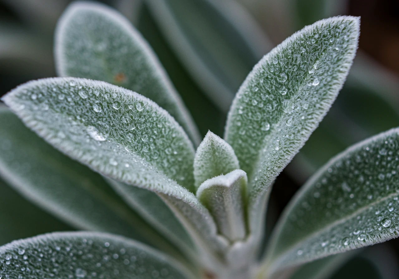 A detailed macro photograph focusing on the distinct, velvety texture of Lamb's Ear (Stachys byzantina) leaves, perhaps with a few dew drops highlighting the soft, fuzzy surface.