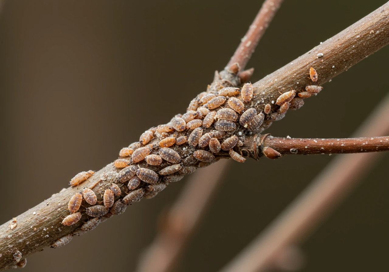 A highly detailed close-up photograph of scale insects clustered on the woody stem of a lilac or euonymus branch during the fall season. The leaves have mostly dropped, making the small, immobile, bumpy insects clearly visible against the bark. The lighting should be natural, highlighting the texture of the bark and the scale insects.