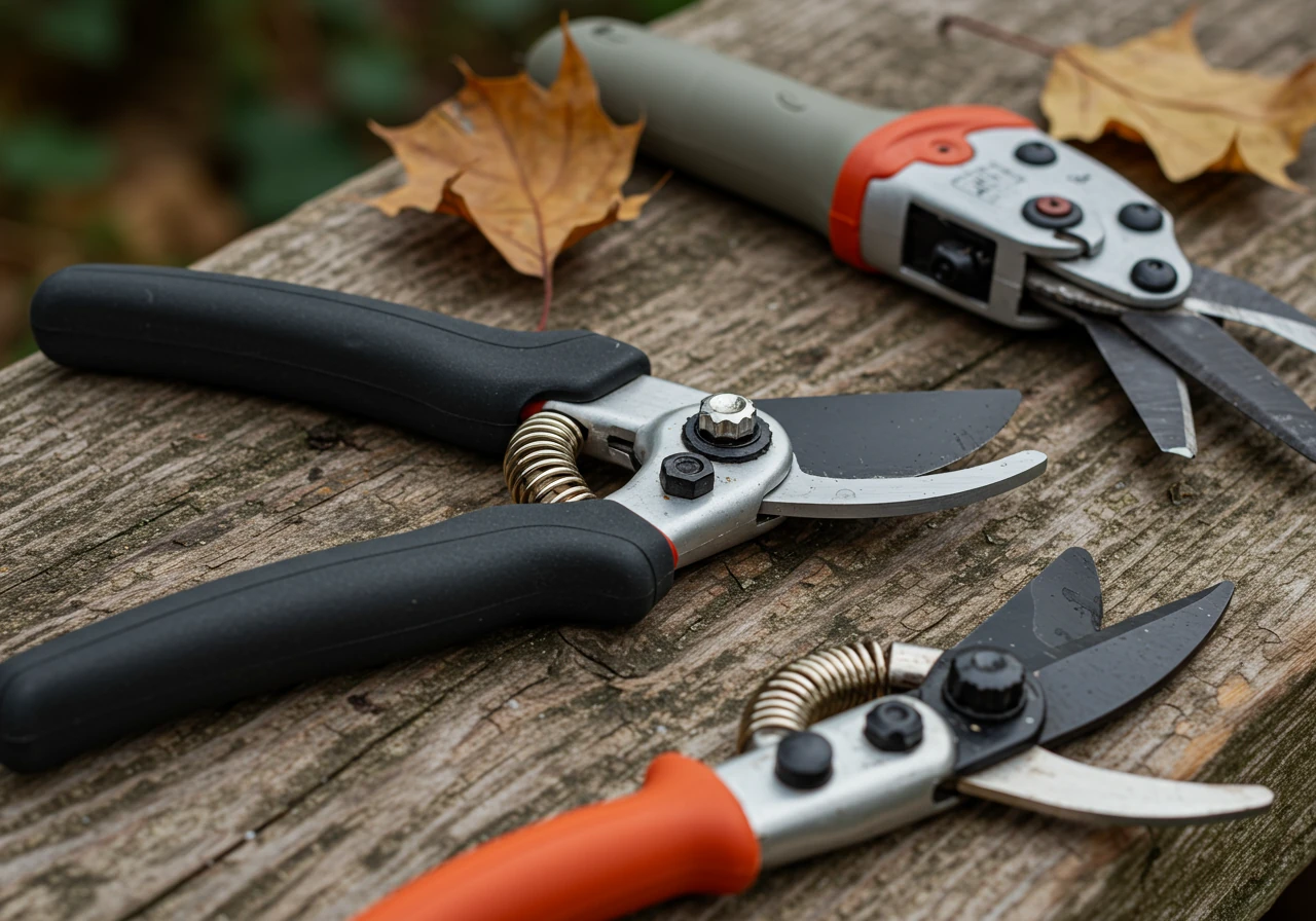 Detailed close-up focusing specifically on the handles and cutting mechanisms of ergonomic pruning tools. Show bypass hand pruners featuring a rotating lower handle and padded grips, next to ratchet loppers clearly displaying their geared mechanism for easier cutting. Place them on a simple, natural surface like weathered wood or stone, with a few fallen leaves for context.