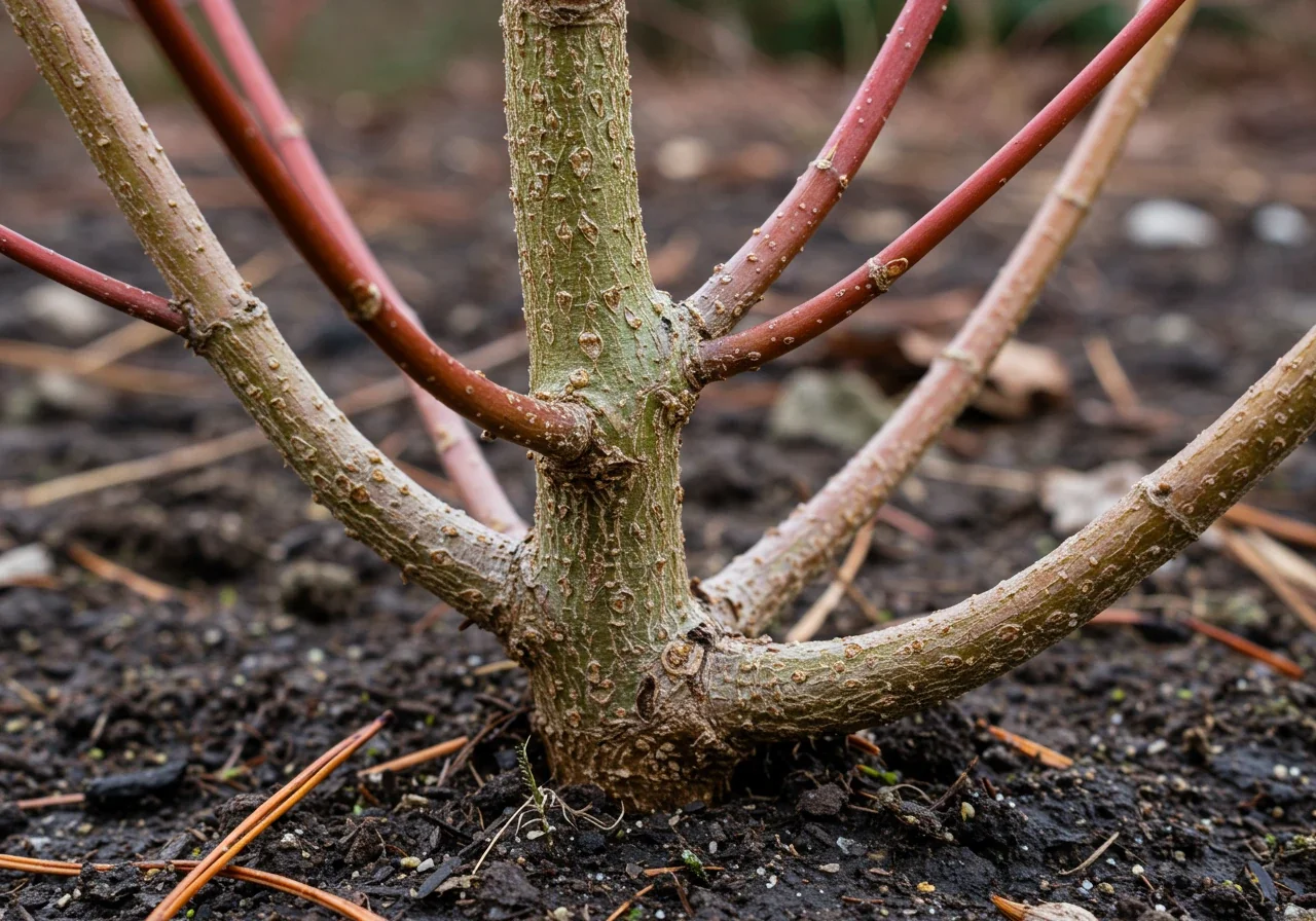 A detailed close-up photograph of a section of a dogwood shrub base in late winter (minimal snow, damp ground). The image should clearly show the visual difference between older, thicker, dull greyish-brown stems and younger, thinner, intensely coloured (e.g., bright red or vibrant yellow) stems originating from near the base. One or two brightly coloured stems should be prominently featured against the duller older wood.