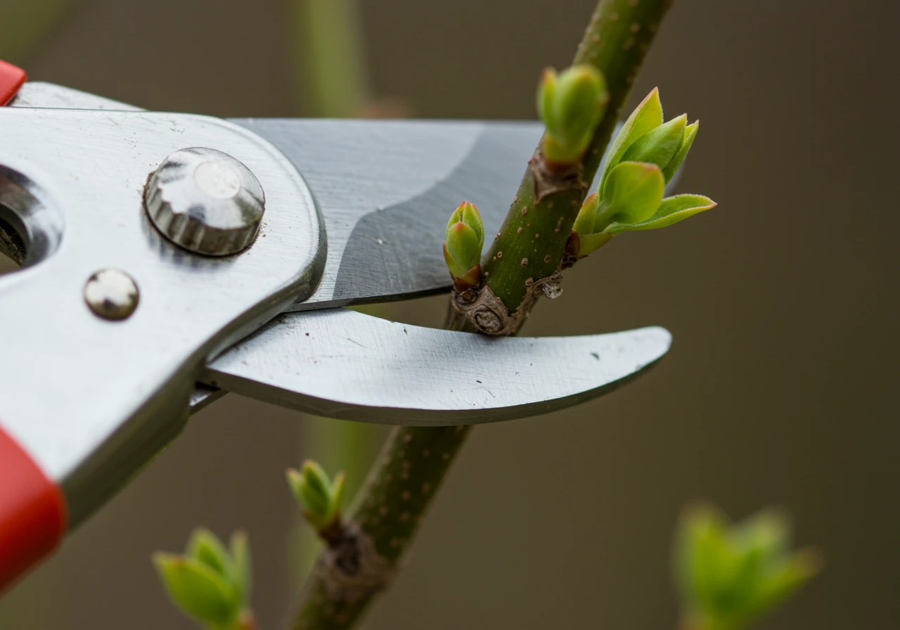 A macro shot focusing on a pair of clean, sharp bypass pruners positioned to make a correct heading cut on a shrub stem, just above an outward-facing bud. The focus is on the tool and the specific cutting point on the plant, highlighting precision.