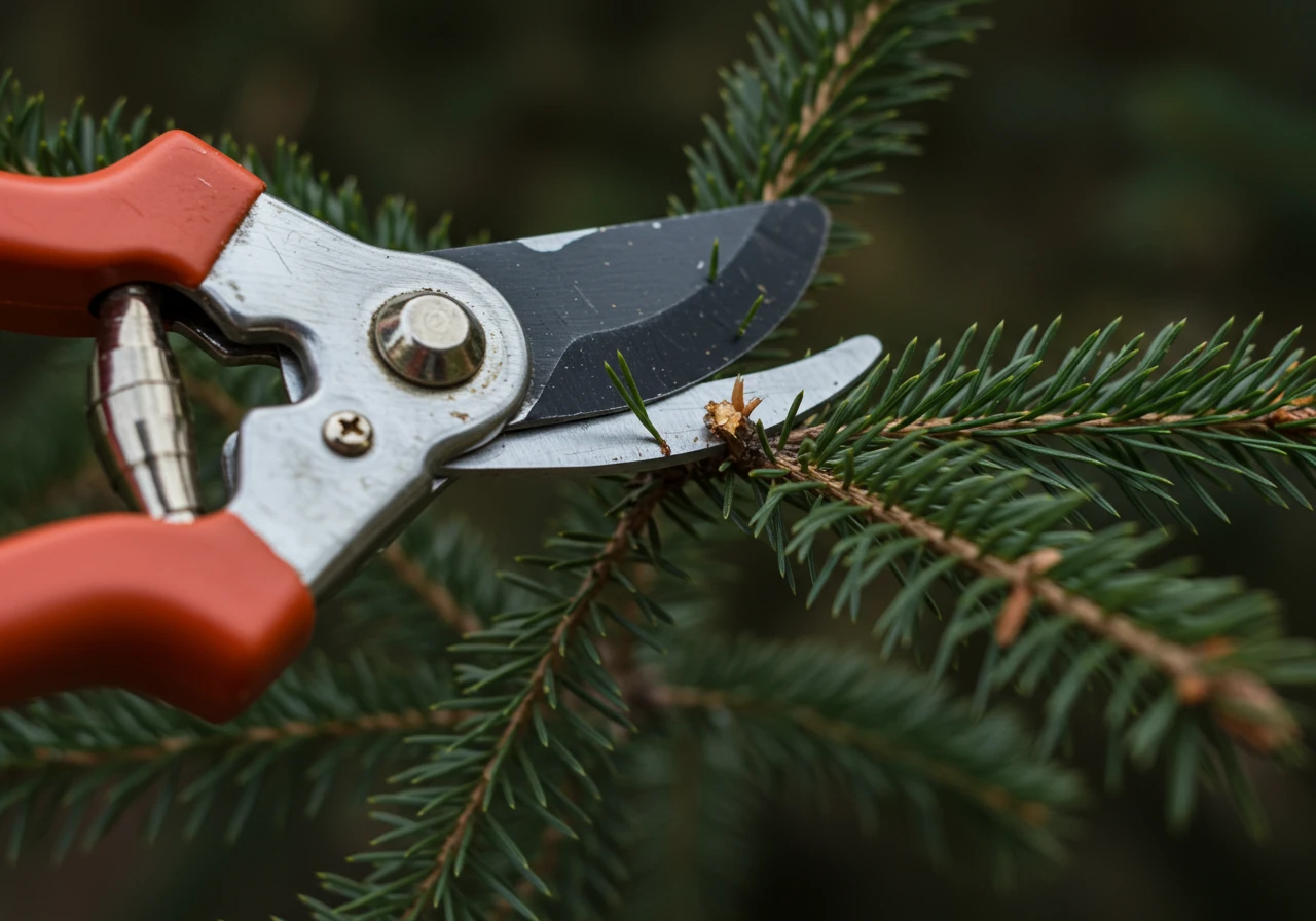 An illustrative close-up shot focusing *only* on the tool and branch during a proper pruning cut. Show sharp, clean bypass pruners correctly positioned to remove a small, interior branch from a denser section of an evergreen (like a cedar). The image should imply the 'thinning' action without showing hands. Focus on the clean cut location near a main stem or branch collar.