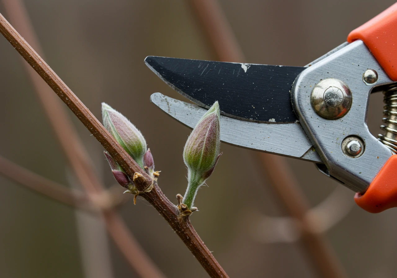 A detailed macro shot focusing on a healthy, dormant clematis stem in early spring. The image should clearly show a pair of plump, slightly swelling buds (greenish or reddish). Sharp, clean bypass pruners should be positioned as if about to make the correct angled cut just above these buds.