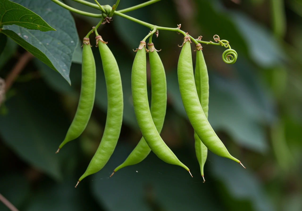 A clear, close-up photograph focusing on the mature, slender, bean-like seed pods of Dog-Strangling Vine hanging from the vine. Show several pods (4-7 cm long), perhaps transitioning from green to brown, against a background of the vine's leaves. Emphasize the distinct shape and appearance of the pods for easy identification, highlighting the target for removal before they burst.