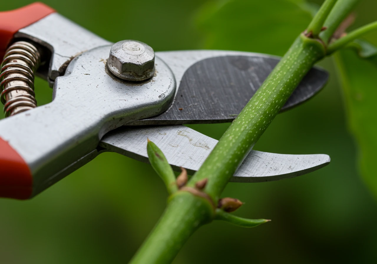 Illustrating the concept of cutting close to the pivot point for maximum leverage and reduced effort. A close-up shot focusing on the jaws of bypass secateurs correctly positioned deep around a green stem, near the central pivot bolt, ready to make an efficient cut. The stem shows slight compression where the blade meets it. Background softly blurred.