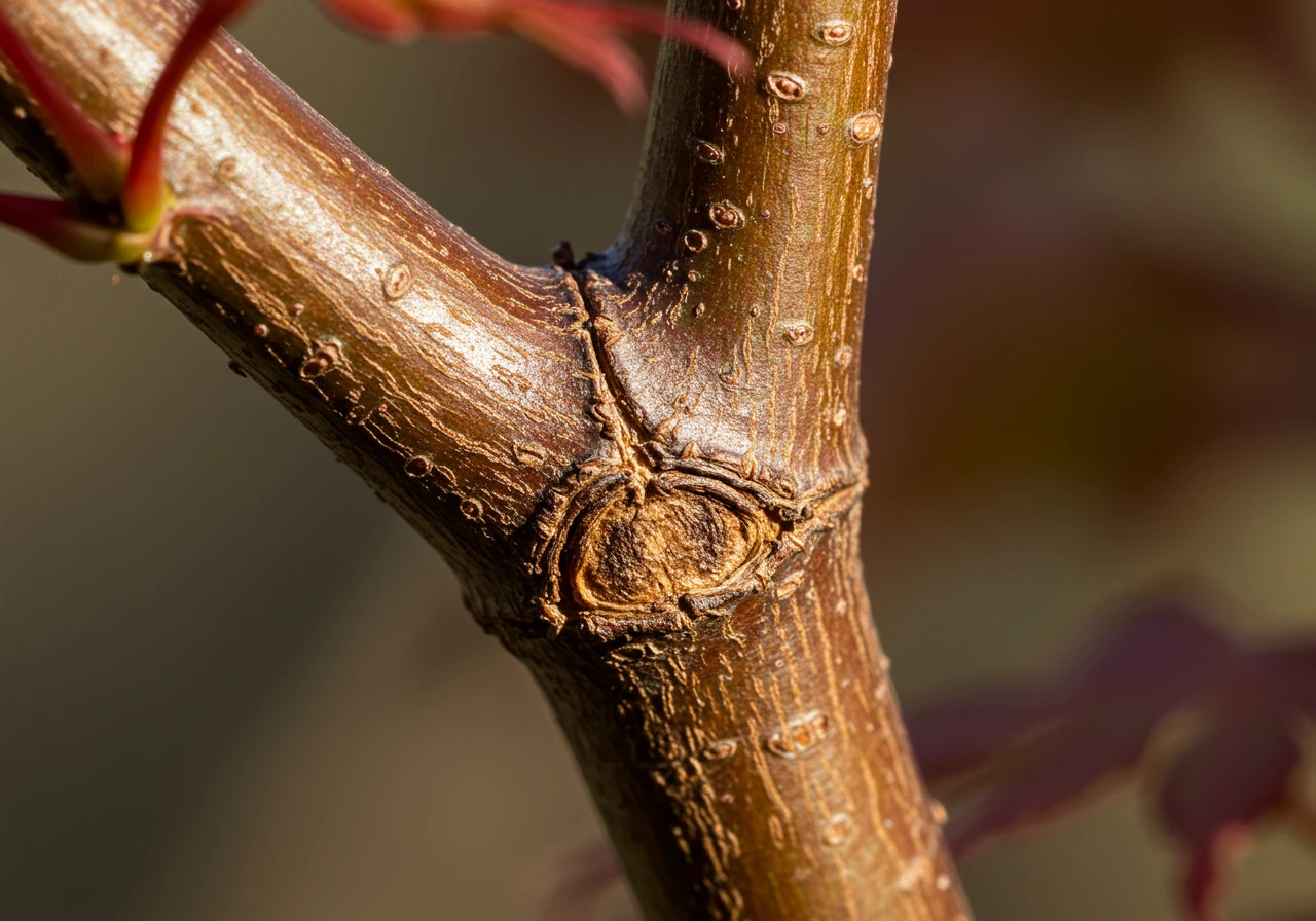 A detailed macro shot focusing precisely on the branch collar of a Japanese Maple. The image should clearly show the slightly swollen area where a smaller side branch joins a larger main branch or trunk. The lighting should emphasize the texture and form of the collar, implicitly guiding the viewer to the correct cutting location *just outside* this collar, without any diagrams or lines.