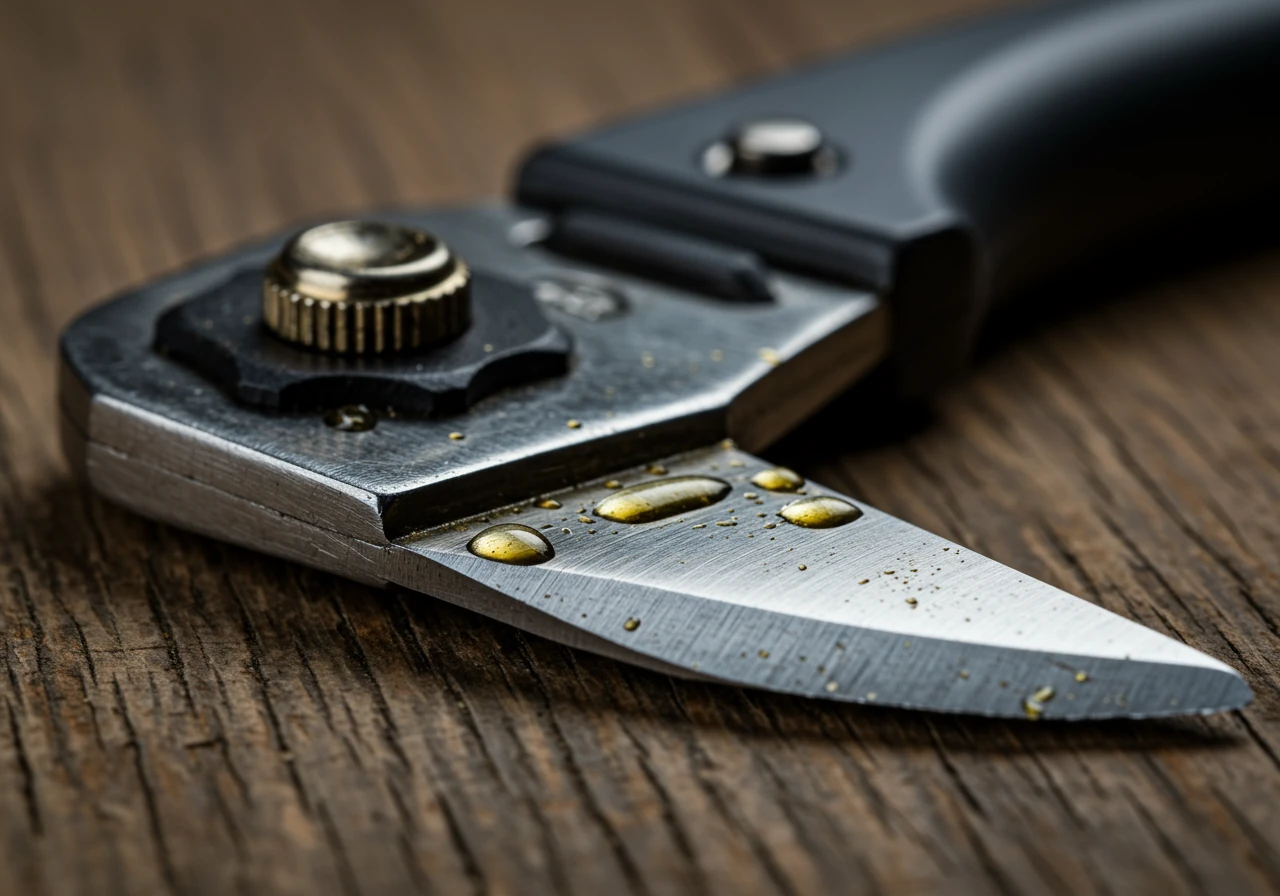 A detailed close-up shot of the clean, sharp, slightly oiled blade of an ergonomic bypass pruner resting on a weathered wooden potting bench surface. Focus on the sharp edge and clean metal, implying good maintenance. Subtle background elements might include terracotta pots or gardening gloves, but the focus is sharply on the well-cared-for tool blade.