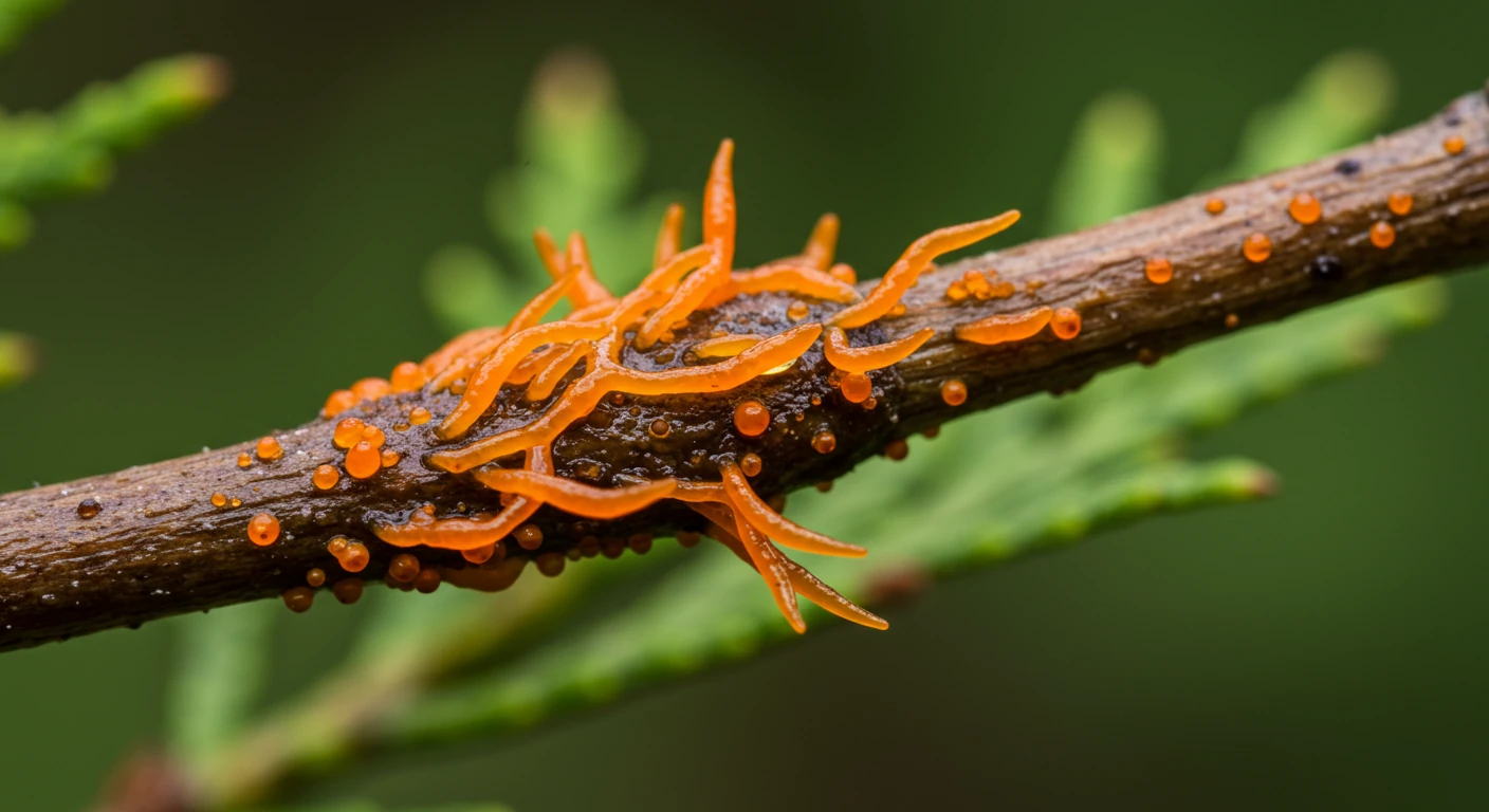 A highly detailed close-up image capturing the striking appearance of a Cedar Apple Rust gall after a spring rain. The focus should be on the bright orange, gelatinous, tentacle-like structures (telial horns) emerging from a brownish, kidney-shaped gall attached to a juniper or cedar branch. The texture should appear wet and slimy, perhaps with visible water droplets on the horns or branch, emphasizing the 'after rain' context. The background should be softly blurred green foliage to keep the focus sharp on the fungal structure.