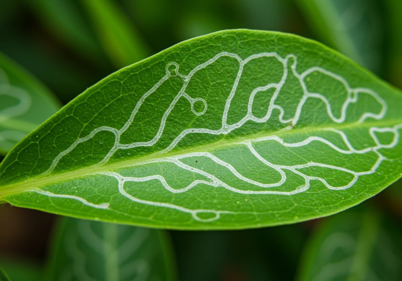 A detailed close-up photograph showcasing distinctive leaf miner damage on a vibrant green plant leaf. The image should clearly depict the winding, squiggly, light-coloured trails tunneling just beneath the leaf surface. Focus on the pattern and texture contrast between the damaged tunnels and the healthy leaf tissue, perhaps with soft, natural background blur.
