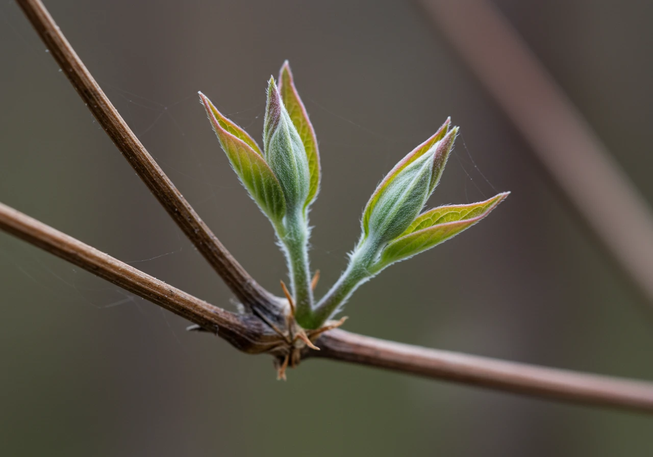 A close-up or macro photograph focusing on a Clematis stem in late winter/early spring. The image should clearly show pairs of healthy, plump, swelling buds along the dormant stem, illustrating exactly what the gardener should look for when making pruning cuts for Group 2.