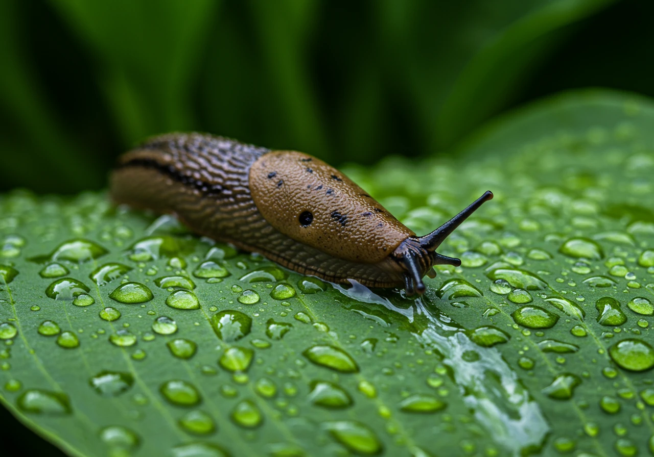 A detailed close-up photograph focusing on a common garden slug leaving a visible slime trail as it moves across a slightly damaged green hosta leaf during cool, damp conditions, highlighting the pest described in the text.