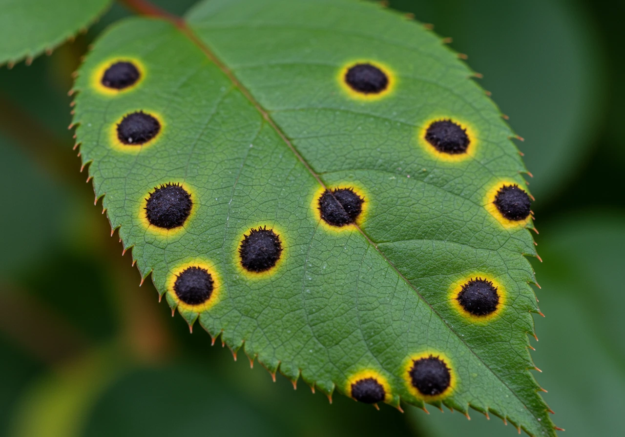 A high-detail, close-up photograph focusing on a vibrant green rose leaf heavily afflicted with black spot disease. The characteristic dark, circular spots with fringed edges and surrounding yellow halos should be clearly visible against the otherwise healthy-looking leaf surface. The background should be softly blurred, emphasizing the diseased leaf.