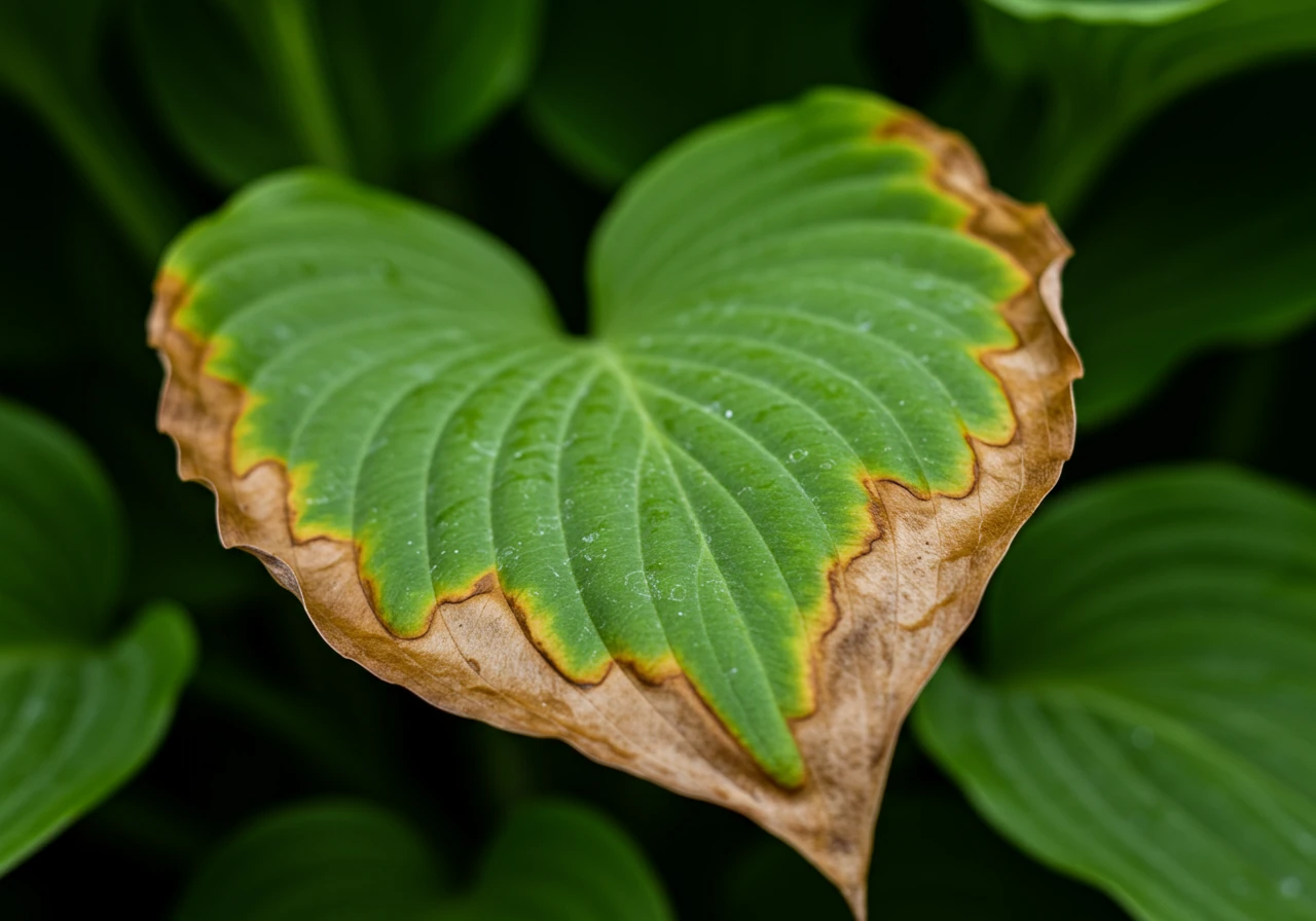 A detailed close-up photograph capturing the distinct brown, dry, crispy edges on a vibrant green leaf of a common garden plant like a hosta or hydrangea, clearly illustrating leaf scorch damage caused by intense summer heat and lack of sufficient water. The healthy part of the leaf should contrast sharply with the damaged edges. The background should be softly blurred garden foliage.