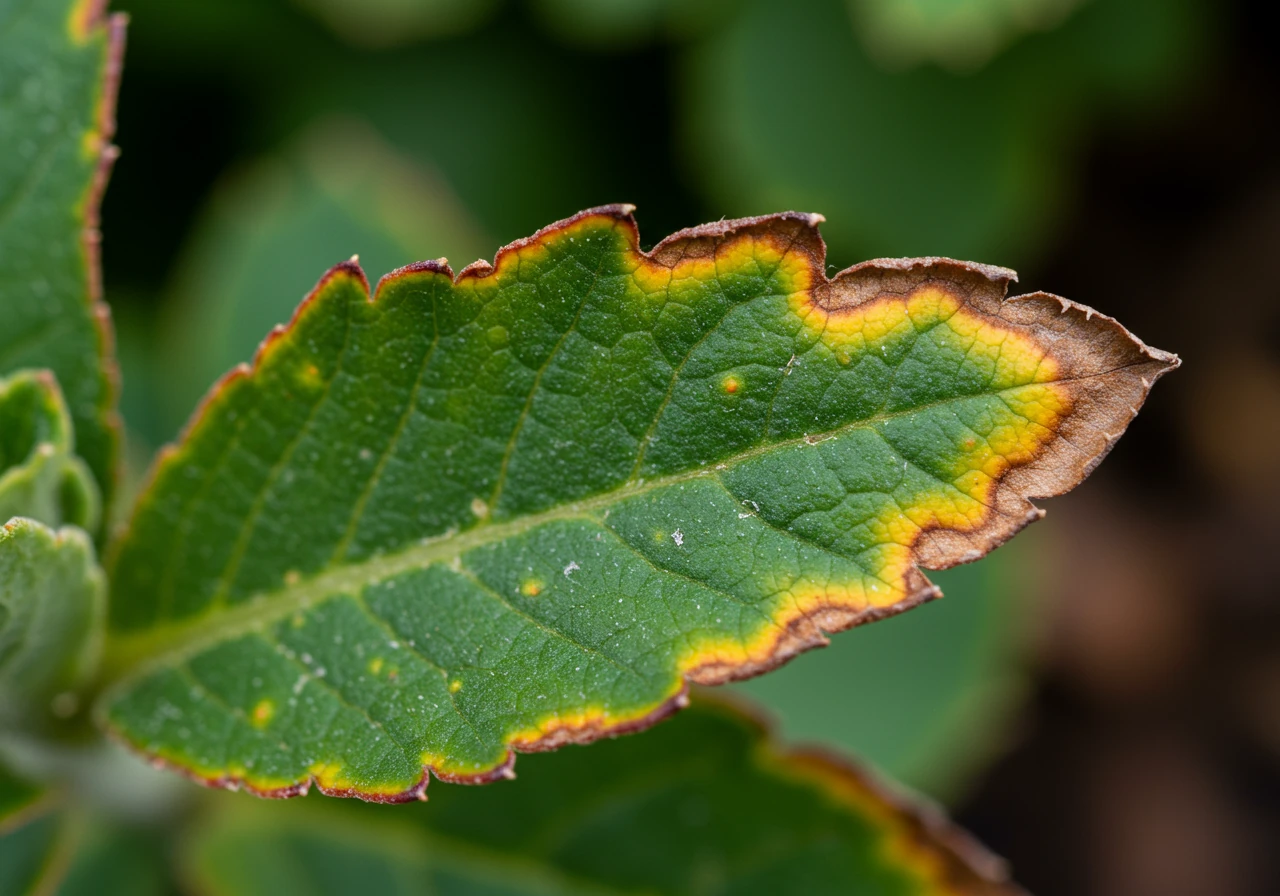 A close-up, detailed photograph focusing on a single plant leaf exhibiting common signs of stress mentioned in the text, such as yellowing veins, brown crispy edges, or small spots. This visually aids the 'detective' work described.
