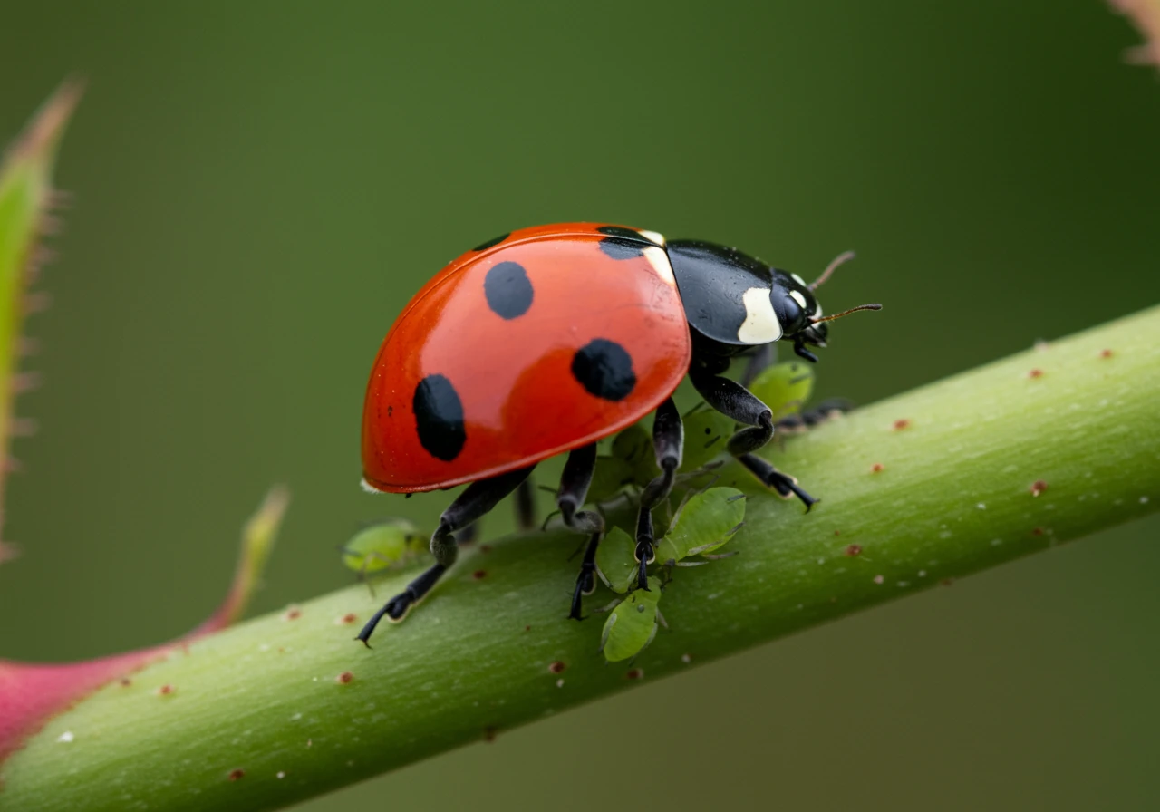A vibrant macro photograph focusing on a key beneficial insect mentioned in the text, such as a ladybug, actively preying on common garden pests like aphids. The image should clearly show the ladybug on a plant stem or leaf, with aphids visible, highlighting the natural pest control function. The background should be softly blurred (bokeh) to keep the focus on the insect interaction. High detail on the insect's features and colors is crucial.