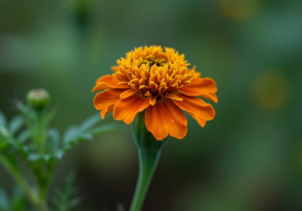 A detailed close-up photograph focusing on a single, wilted and faded flower head (e.g., a marigold or zinnia) still attached to the plant stem. The petals should look spent and slightly discolored, clearly illustrating what a gardener should look for when deadheading.