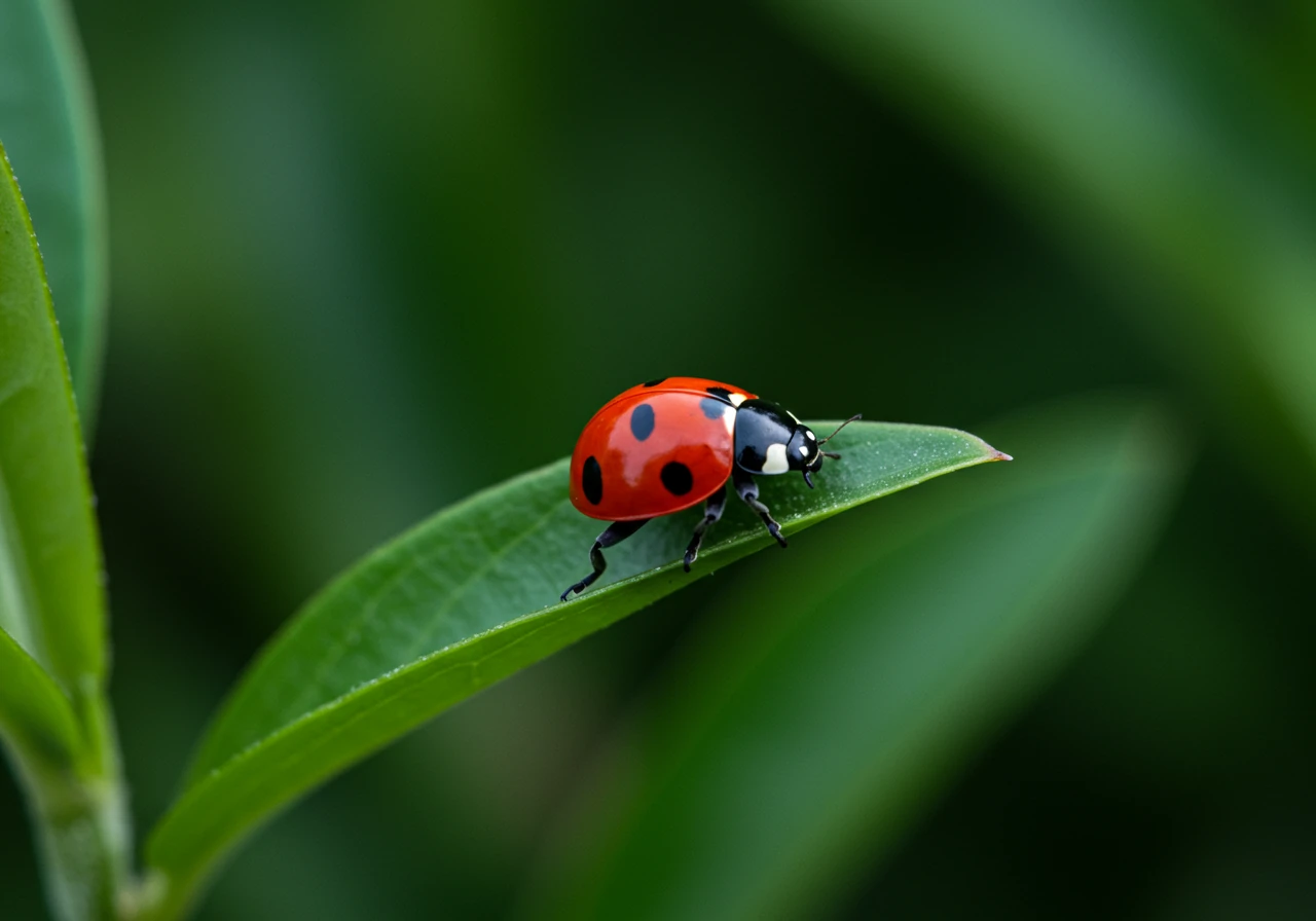 A macro photograph capturing a beneficial insect, such as a ladybug or lacewing larva, on a green leaf within a diverse garden setting. The background should subtly suggest a variety of plants (different leaf textures/colors blurred), implying a healthy ecosystem that attracts natural predators. The focus is sharp on the beneficial insect, symbolizing biological pest control.
