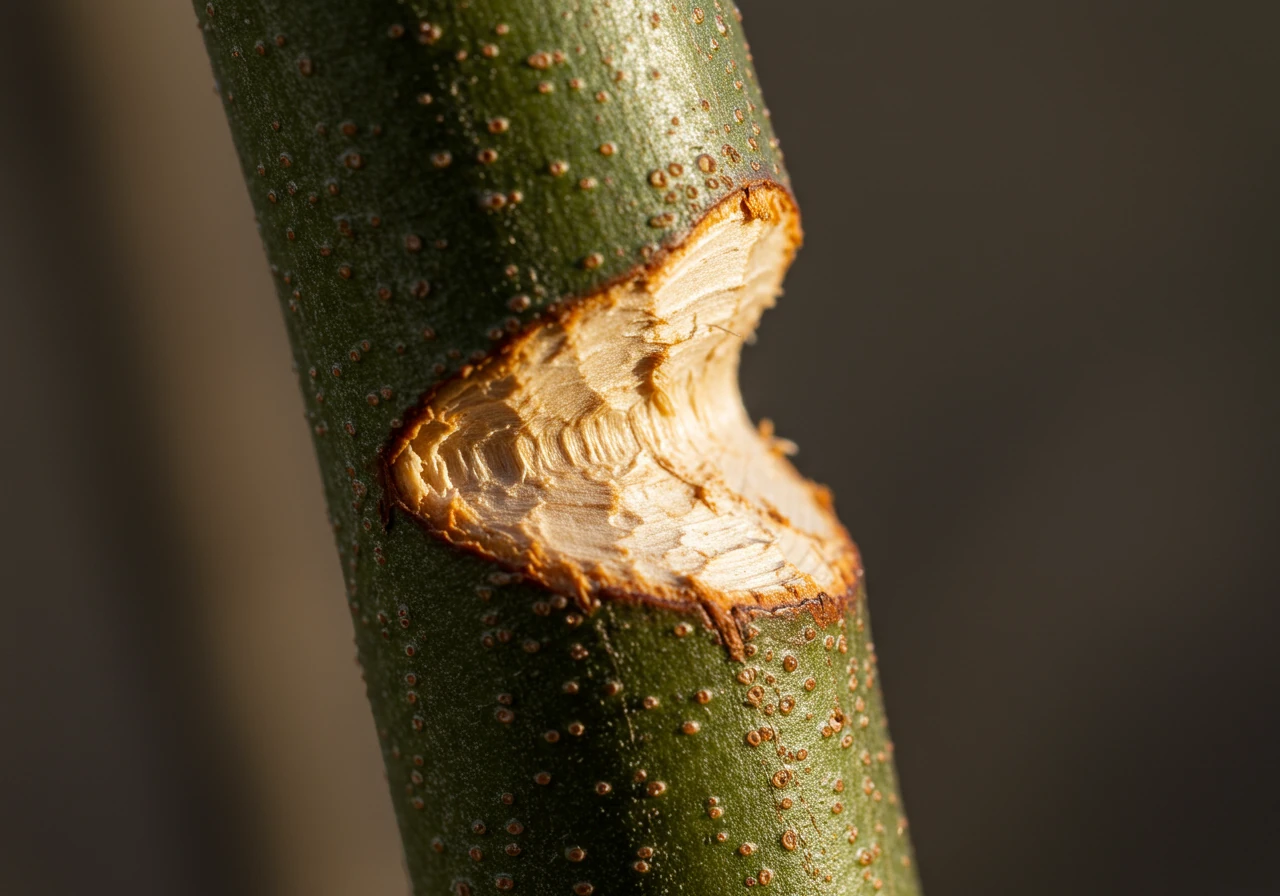 A clear, close-up photograph focusing on a woody plant stem (like a young shrub or tree branch) showing the distinctive clean, 45-degree angle cut left by rabbit teeth. The surrounding area should look like early spring, possibly with dormant buds nearby. The focus is entirely on the damaged stem.